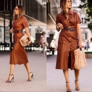 Zara brown faux leather midi dress with belt